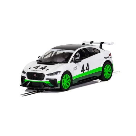 Sleek Jaguar I-Pace slot car in striking white and green livery, showcasing its racing pedigree.
