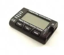 Compact digital battery capacity checker for 2-7S Li-ion batteries, with LCD display and intuitive controls.