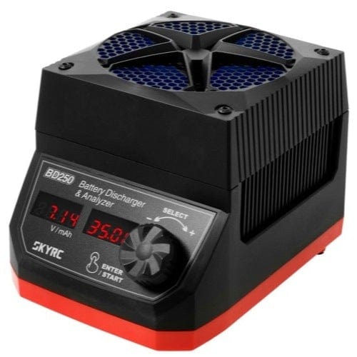 Sleek black and red battery discharger and analyzer from SKY RC brand, with digital display and fan for efficient cooling.