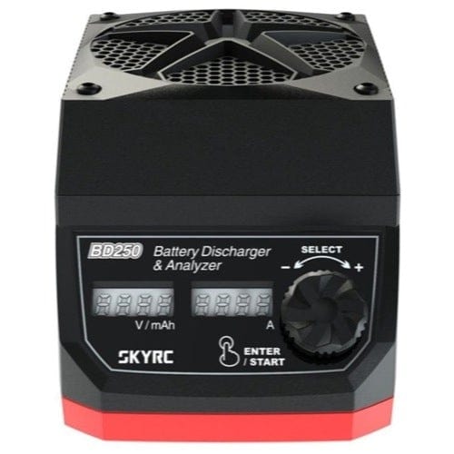 SKY RC BD250 battery discharger and analyzer, compact black device with red accents and display.