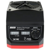 SKY RC BD250 battery discharger and analyzer, compact black device with red accents and display.