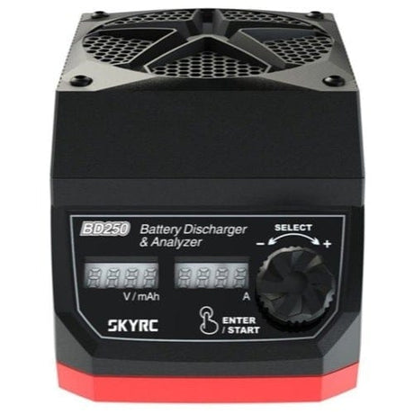 SKY RC BD250 battery discharger and analyzer, compact black device with red accents and display.