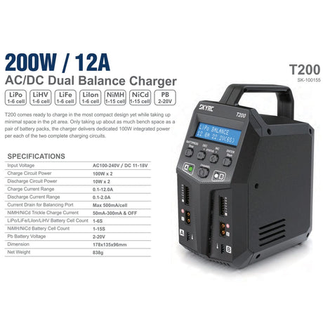 Compact and powerful 200W/12A AC/DC dual balance charger by Sky RC, supporting multiple battery chemistries including LiPo, LiHV, and NiMH.