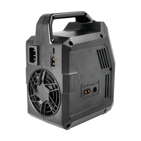 Sleek dual-port smart charger by SkyRC, equipped with cooling fan and multiple charging ports for efficient battery management.