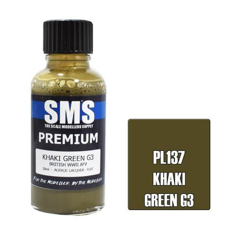 SMS PL137 Premium Acrylic Lacquer Khaki Green G3 30ml Scale Modellers Supply PAINT, BRUSHES & SUPPLIES