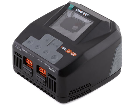 Compact dual-channel AC charger for Spektrum Smart batteries, featuring a sleek black design and intuitive controls for efficient charging.