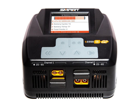 Sleek dual-channel Spektrum Smart S2200 charger with digital display, featuring 2x200W AC charging capabilities for efficient battery management.
