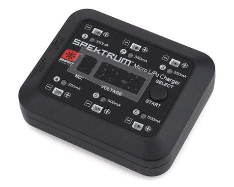 Compact Spektrum Micro 6-Port LiPo Battery Charger with USB connectivity for efficient charging.