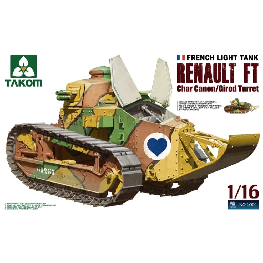 Takom 1/16 French Light Tank Renault FT char canon/Girod turret Plastic Model Kit [1001] - Hobbytech Toys