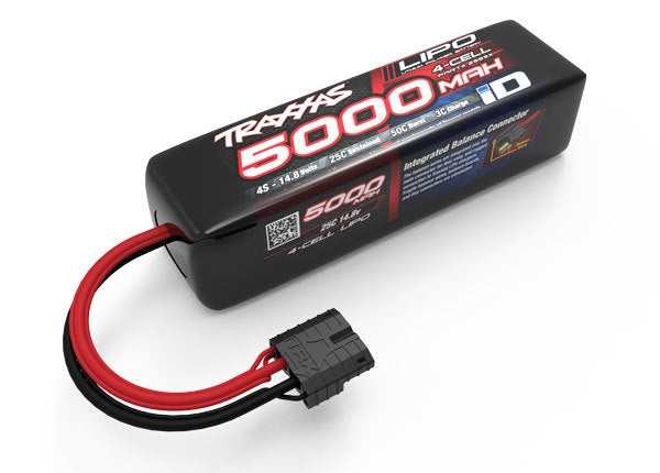 Traxxas 5000mAh 4S 14.8V 25C LiPo battery pack with long ID plug, featuring a sturdy black casing and red connectors.