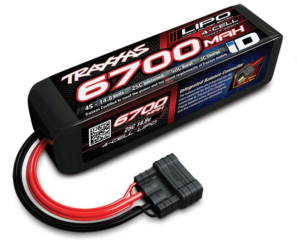 Traxxas 6700mAh 4S 14.8V 25C LiPo Battery with ID Plug, a high-capacity, high-performance rechargeable battery for RC vehicles.