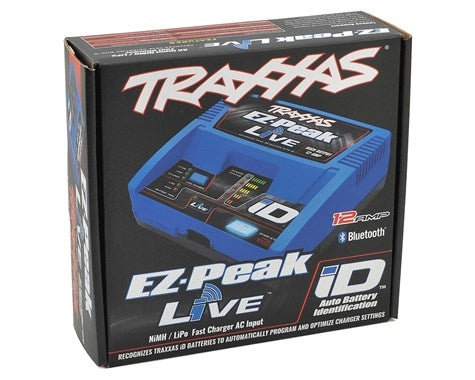 Sleek Traxxas EZ-Peak Live NiMH/LiPo charger with 12-Amp capacity for 2S/3S/4S batteries, featuring Bluetooth connectivity for convenient device charging.