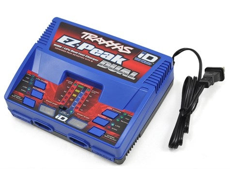 Compact dual NiMH/LiPo 8A battery charger by Traxxas, featuring intuitive controls and a sleek blue design for efficient charging.