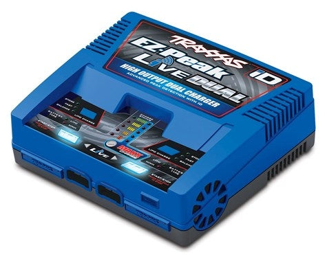 Traxxas 2973A EZ-Peak Live Dual ID Charger (2S/3S/4S Lipo) - A high-performance battery charger in a compact, blue casing for charging Lipo batteries.