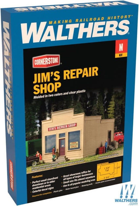 Walthers Cornerstone N Jimfts Repair Shop - Kit - 2-3/4 x 1-3/4 x 1-3/4in 6.8 x 4.3 x 4.3cm Walthers Cornerstone TRAINS - N SCALE