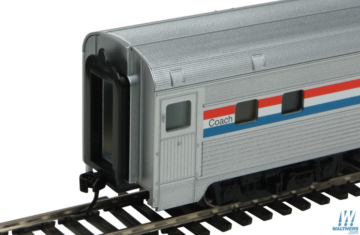 Walthers Mainline HO 85ft Budd Small-Window Coach - Ready to Run - Amtrak(R) (Phase III; silver, Equal red, white, blue Stripes) Walthers Mainline TRAINS - HO/OO SCALE