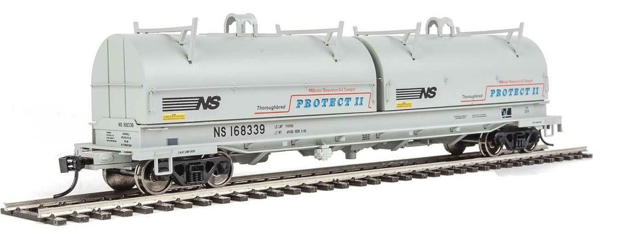 Walthers Proto HO 50ft Evans Cushion Coil Car - Ready to Run - Norfolk Southern #168339 (Round Hoods; gray, black; Protect II Markings) - Hobbytech Toys