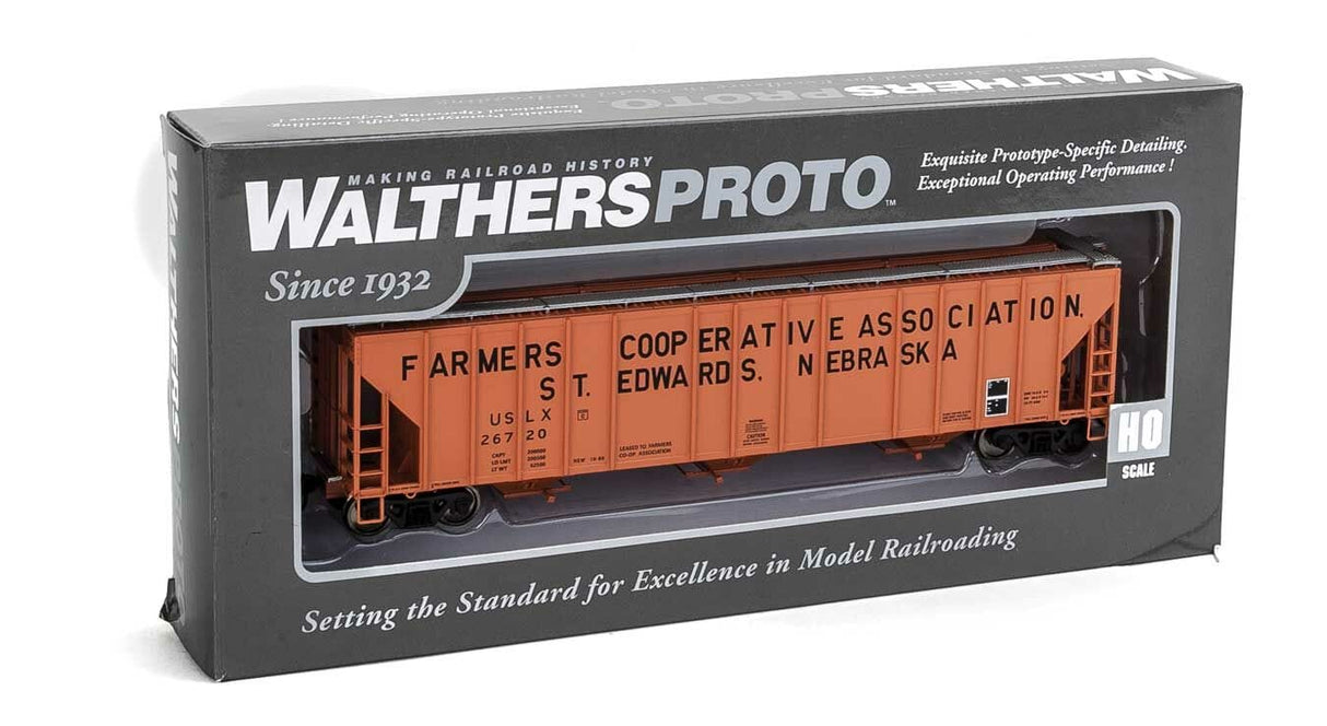 Walthers Proto HO 55ft Evans 4780 Covered Hopper - Ready To Run - Farmers Co-op Association USLX #26720 (St. Edwards, Nebraska; orange, black) - Hobbytech Toys