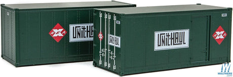 Walthers SceneMaster HO 20ft Smooth-Side Container with Right Side Door 2-Pack - Ready to Run - Railway Express Agency #260090, 260092 (green, red; Unit Haul Logo) Walthers SceneMaster TRAINS - HO/OO SCALE