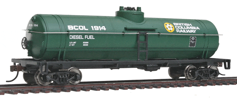Walthers Trainline HO Tank Car - Ready To Run - British Columbia Railway (green, yellow, white; Dogwood Logo) - Hobbytech Toys